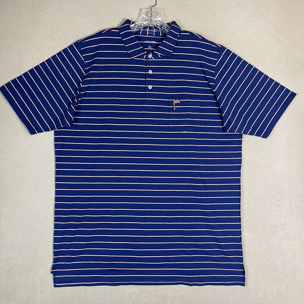 B Draddy USA Polo Shirt Mens XL Blue Striped Golf Performance Short Sleeve